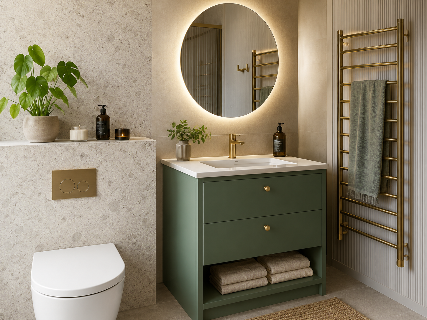 Bathroom vanity unit, mirror and fitted bathroom furniture
