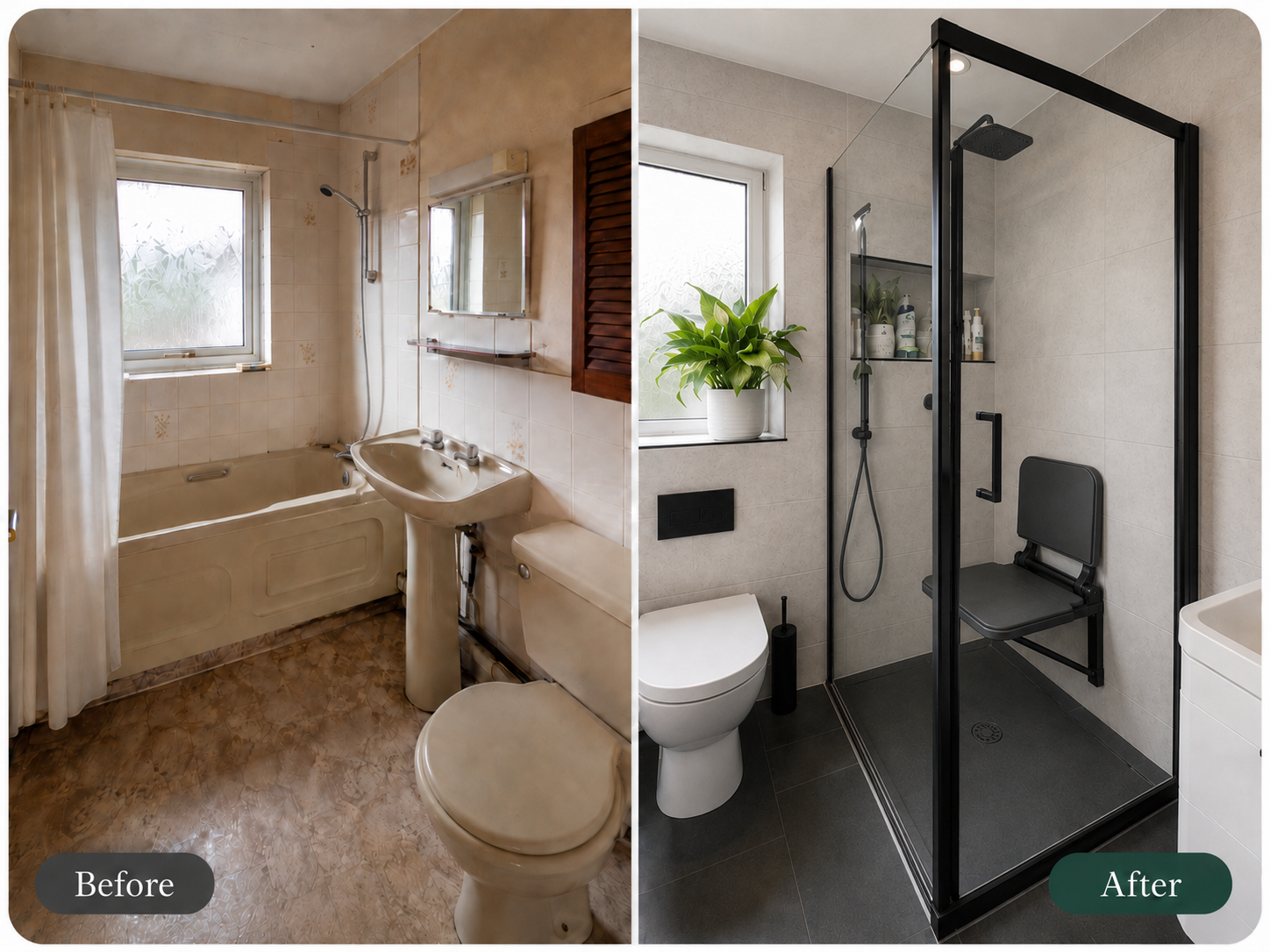Accessible bathroom adaptation with walk-in shower and seat